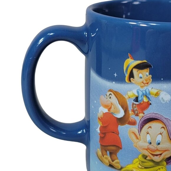 Disney Multi Characters Mug Blue Tinkerbell Grumpy Dopey Dwarfs Mickey Pinnochio - Picture 5 of 10